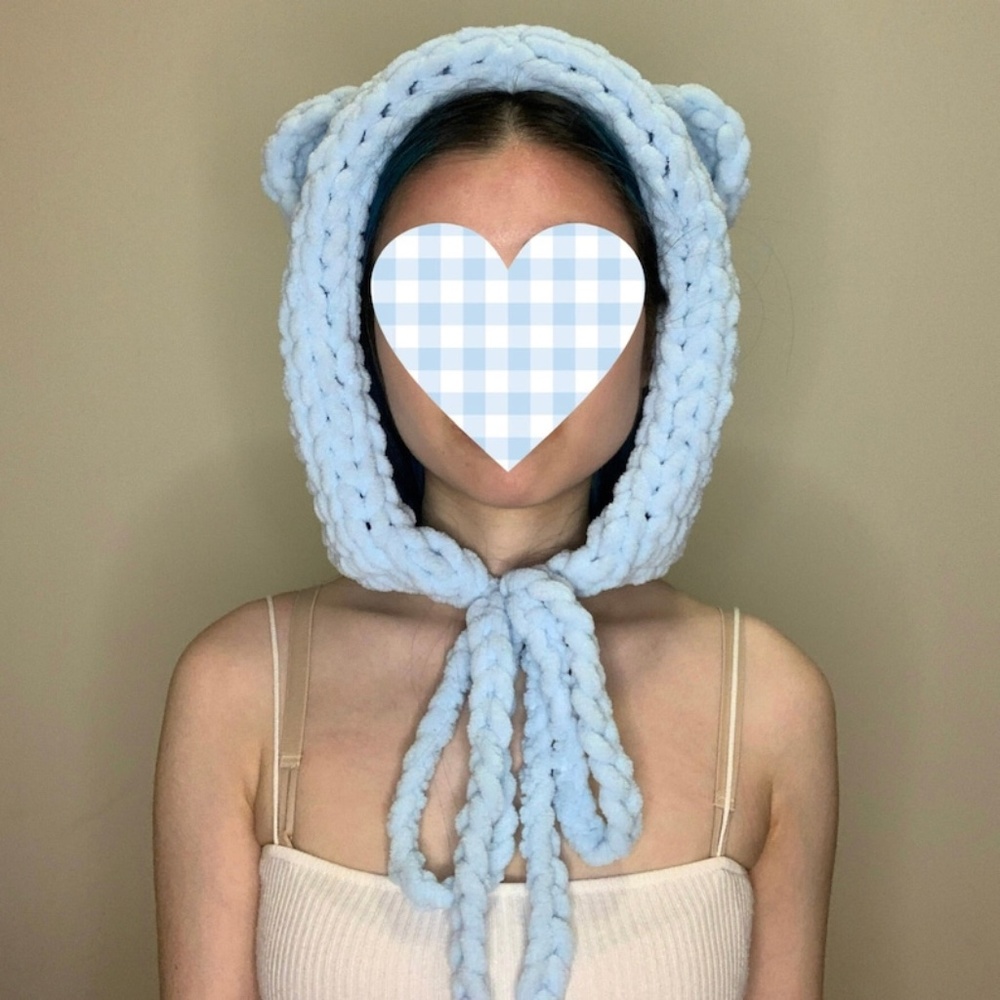 Light Blue Bear Chunky Chenille Knit Bonnet Hood Ear Warmer Angelcore Softcore